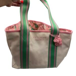 Victoria's Secret Tote Bag Canvas Floral‎ Lined Beach Bag Pink Green Flower